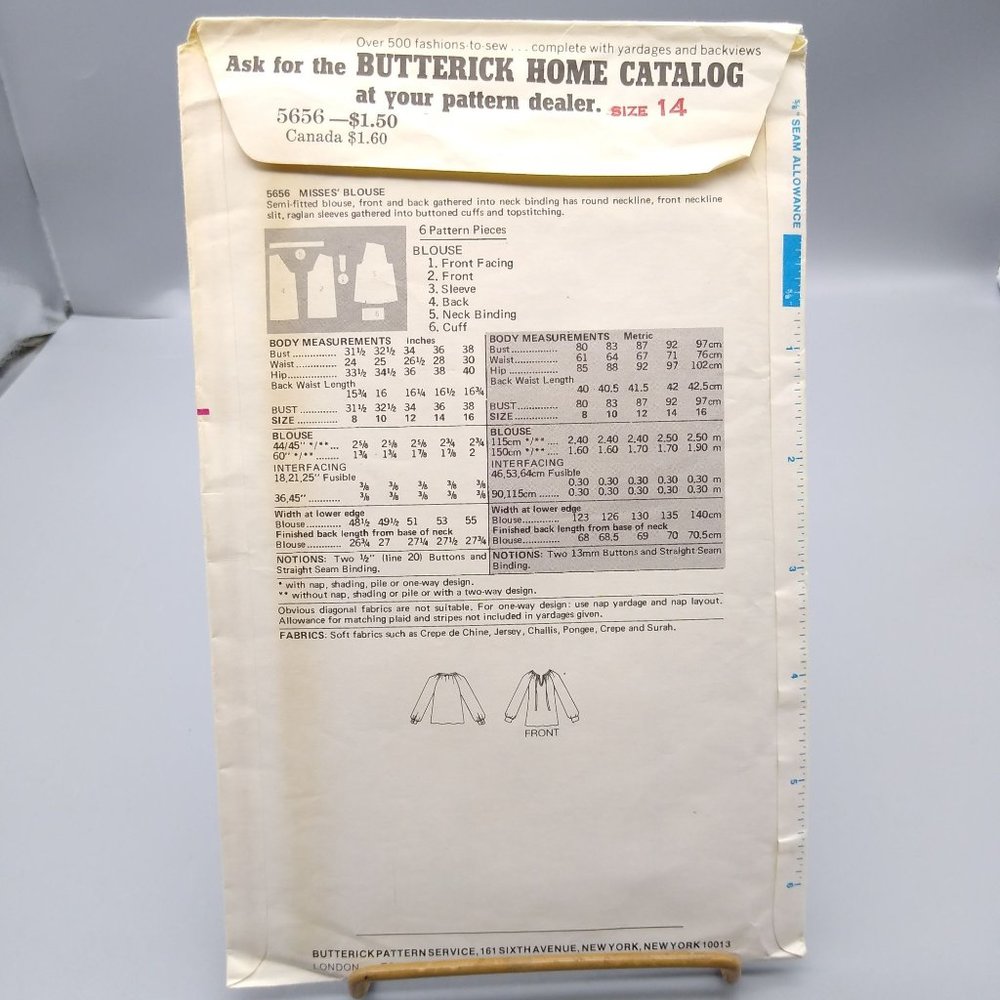 Vintage Sewing PATTERN Butterick 5656, Womens 1977 Blouse, Size 14 - Picture 2 of 2